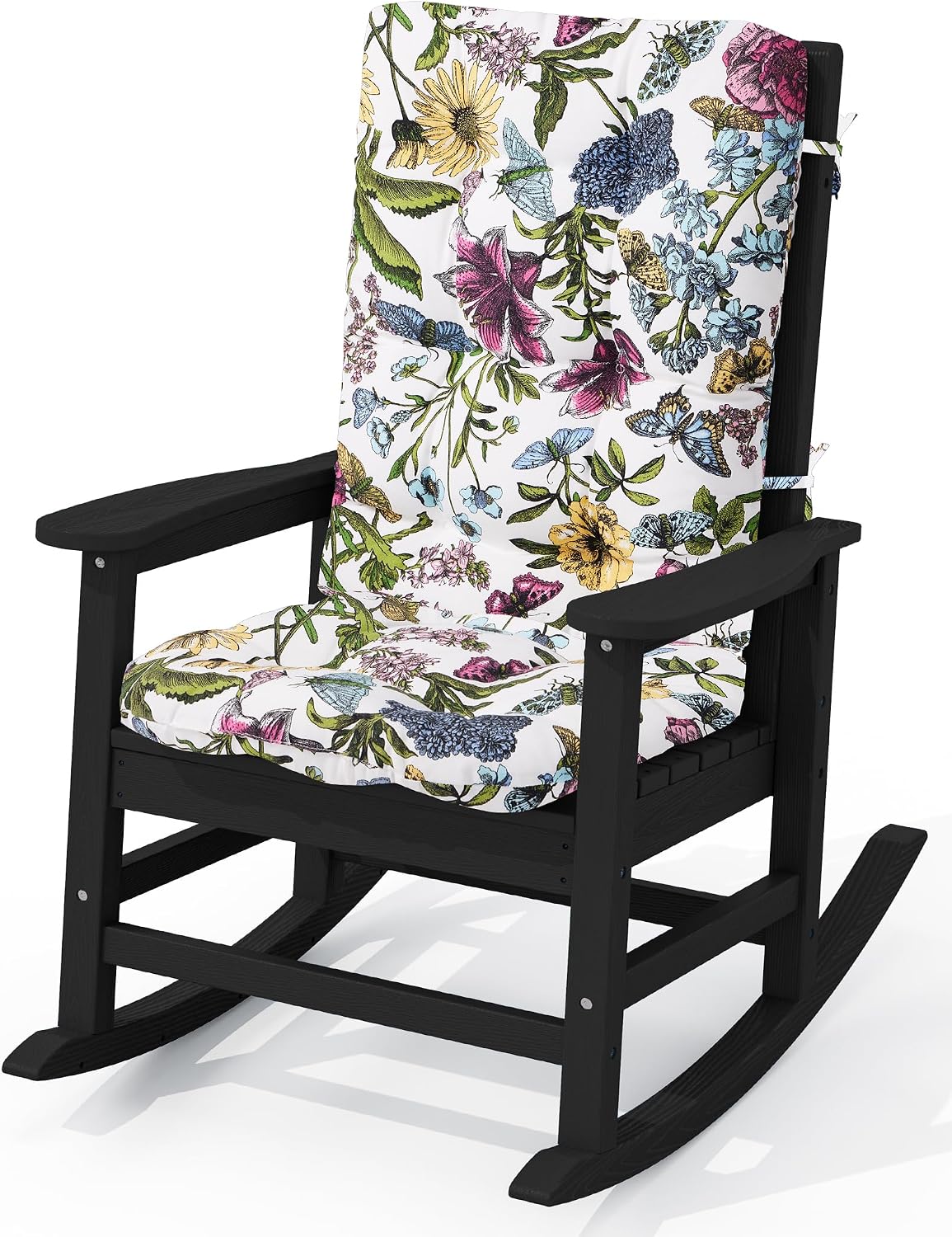 KINGYES Oversized Outdoor Rocking Chair with Cushion, All-Weather Patio Rocking Chairs, HDPE Porch Rocker for Adults, 350 lbs Capacity, Black Chair with Flower Cushion