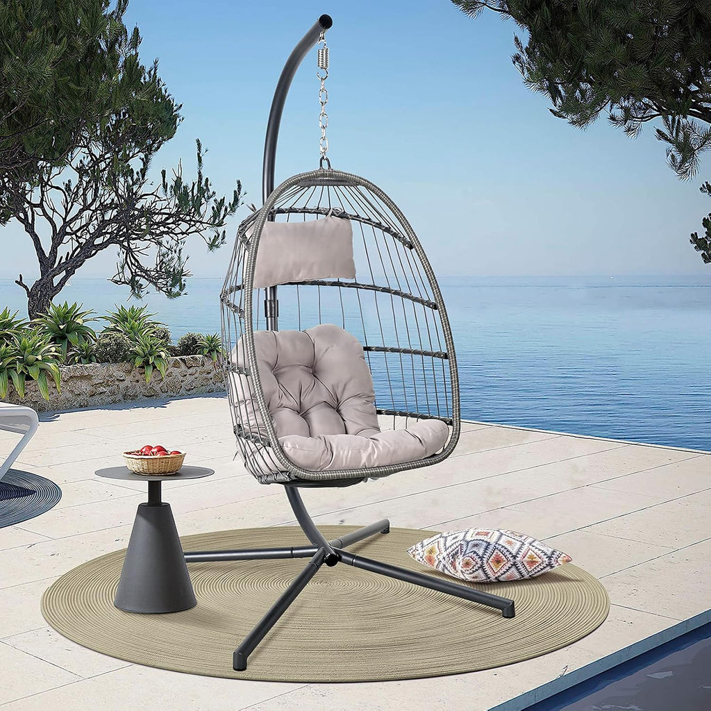 Egg Chair with Stand, Patio Rattan Wicker Hanging Swing Egg Chair Basket Hanging Chair with dust Cover for Indoor Outdoor Bedroom Garden Aluminum Steel Frame
