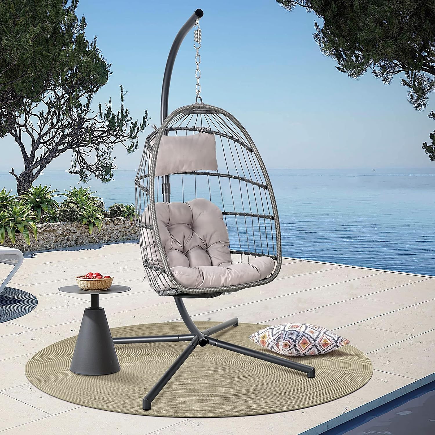 Egg Chair with Stand, Patio Rattan Wicker Hanging Swing Egg Chair Basket Hanging Chair with dust Cover for Indoor Outdoor Bedroom Garden Aluminum Steel Frame