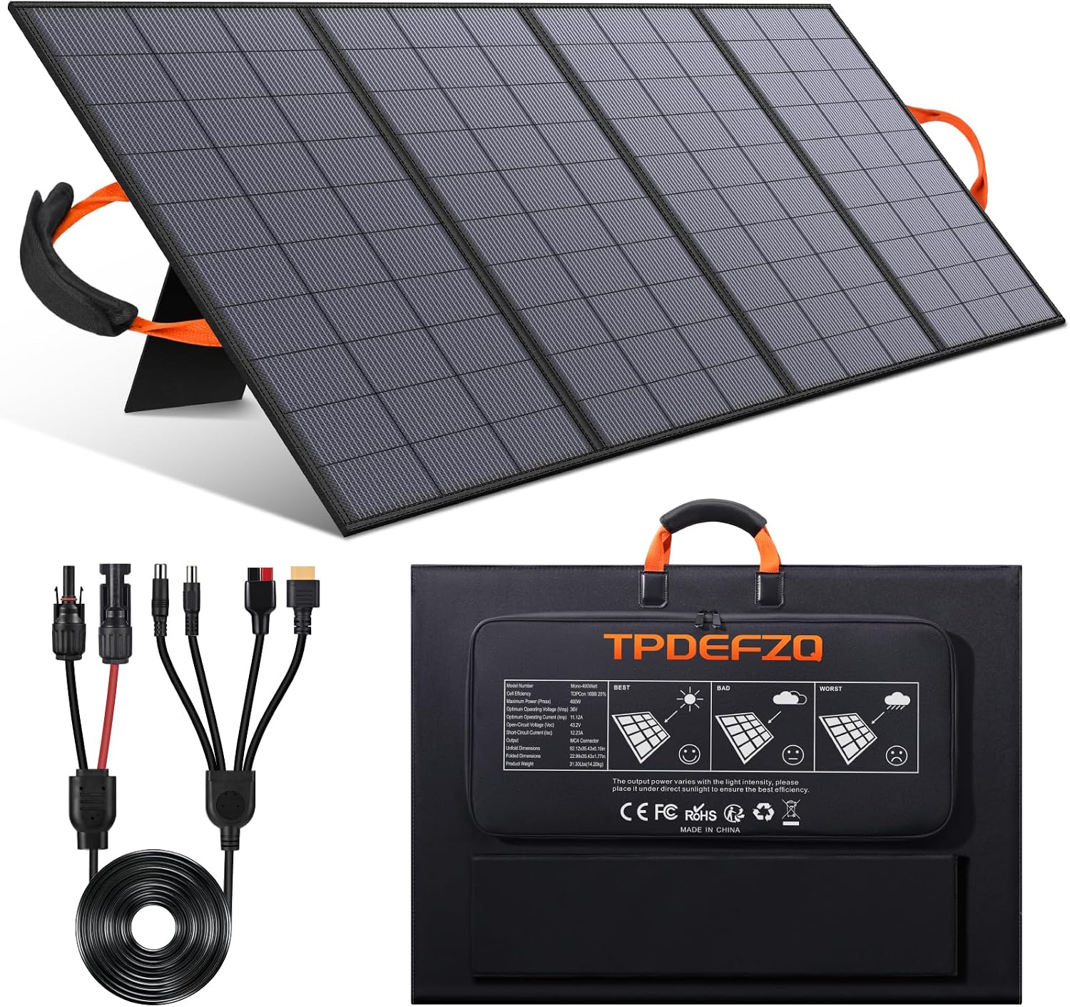 400W Portable Solar Panel for Power Station, 36V ETFE Foldable Solar Panel Charger,25% High Efficiency,MC4 Output, IP68 Waterproof, for Outdoor Camping, RV