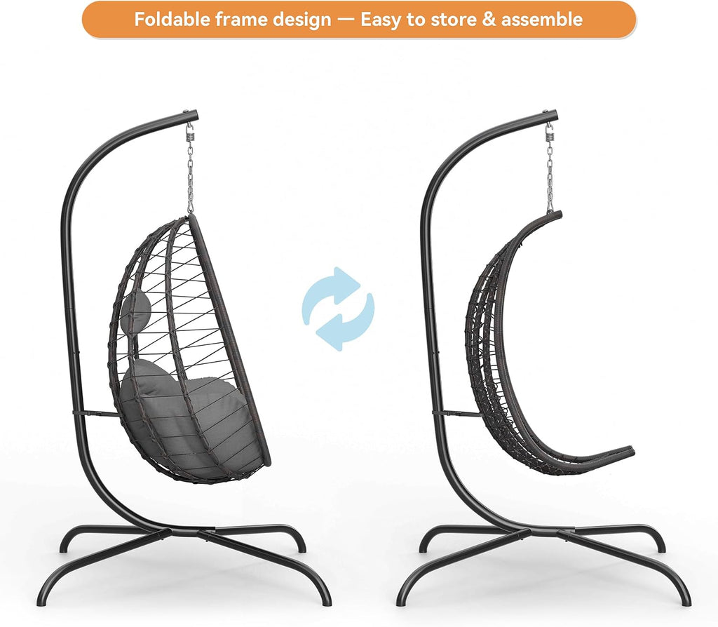 2 Pieces Outdoor Hanging Egg Chair with Stand,Patio Wicker Swing Egg Chair Hammock Chair with UV Resistant Cushion,All-Weather 485lbs Capacity for Bedroom,Balcony,Garden,Grey