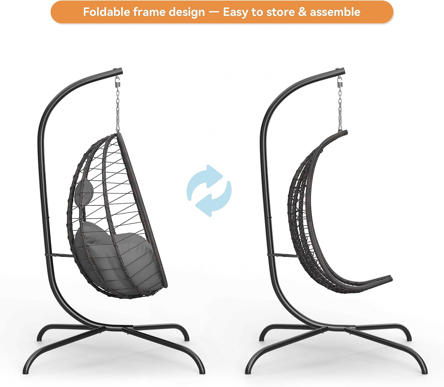 2 Pieces Outdoor Hanging Egg Chair with Stand,Patio Wicker Swing Egg Chair Hammock Chair with UV Resistant Cushion,All-Weather 485lbs Capacity for Bedroom,Balcony,Garden,Grey
