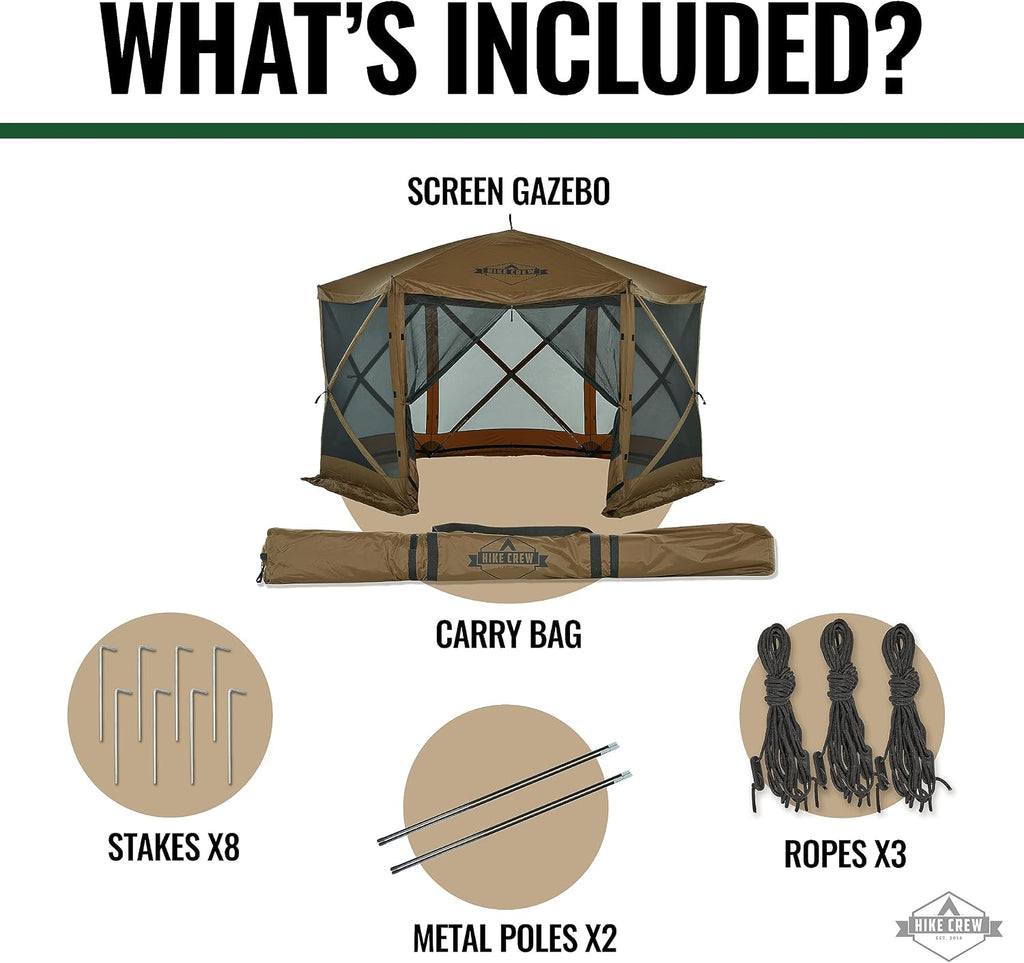 Hike Crew 12' x 12' Pop-Up Gazebo Screen Tent | Screened 6-Sided Instant Outdoor Canopy Shelter with Stakes, Ropes & Carry Bag for Camping, Sports & Picnic Table | UV Resistant SPF 50+