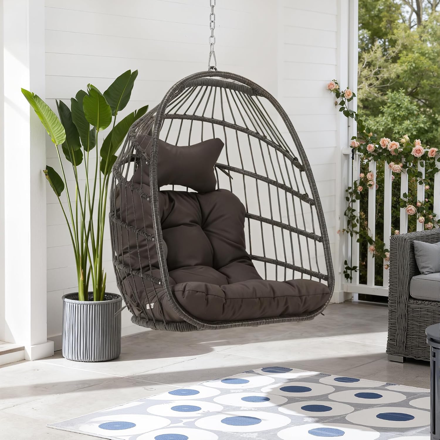RADIATA Outdoor Egg Chair Without Stand, Foldable Durable Rattan Wicker Hanging Swing Basket, 350 Lbs Heavy-Duty Hammock Chair with Cushion for Patio Balcony Garden Ceiling or Tree Mount, Dark Gray