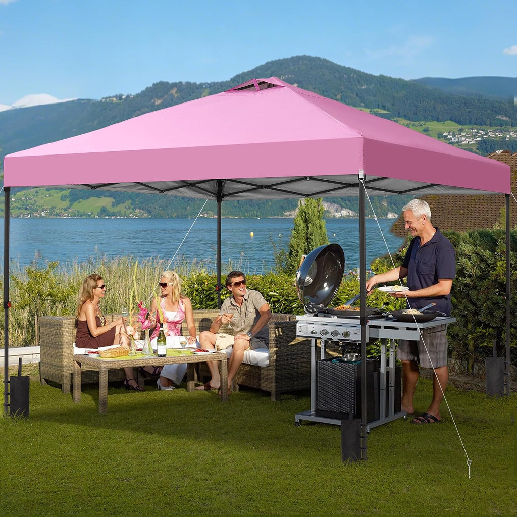 GDY 12x12 Pop Up Canopy Patio Carpas, One Push Set up with Central Lock Canopy with Wheeled Carry Bag, Included 4 Sandbaogs,8 Stakes and 4 Ropes, Pink