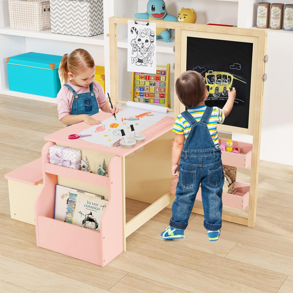 Costzon Easel for Kids, Wooden Art Center with Double-Sided Blackboard & Whiteboard, Paper Roll for Drawing, Crafts, Writing, Toddler Activity Table with Storage, Kids Table and Chair Set (Pink)