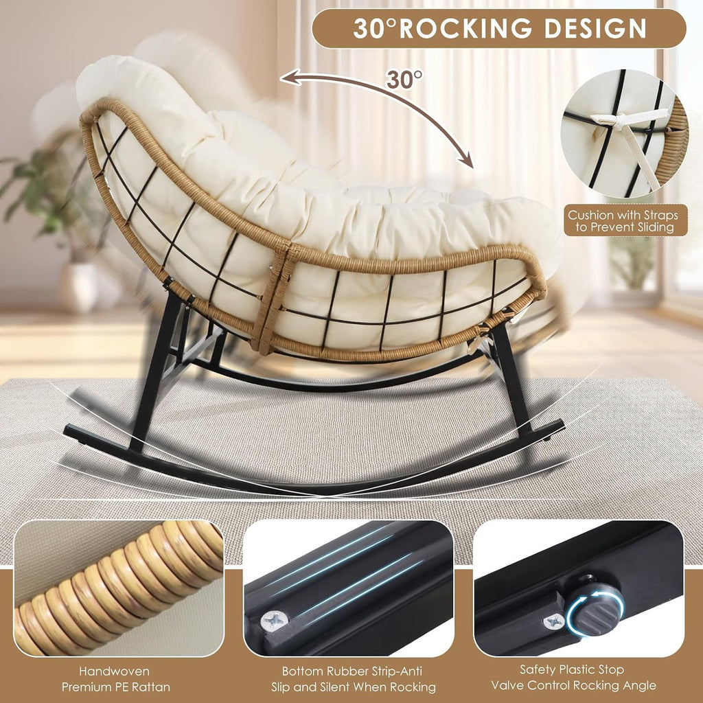 RADIATA Double Egg Rocking Chair with Ottomans, Heavy Duty Papasan Lounger Chairs with Comfy Cushion and Footrest, 2 Person Indoor Outdoor Rocker Loveseat for Patio Balcony Backyard, Beige