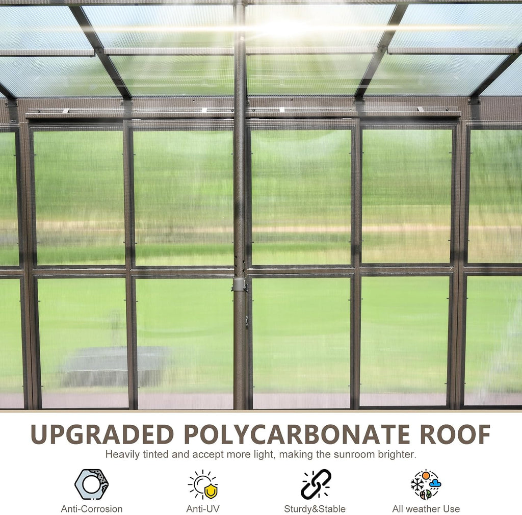 Domi Lean-to Sunroom 12x16FT, Wall Mounted Solarium with Sloping Polycarbonate Roof, Detachable Polycarbonate Screens, 2 Lockable Sliding Doors, Aluminum Gazebo Against Wall Sun Room for Patio Deck