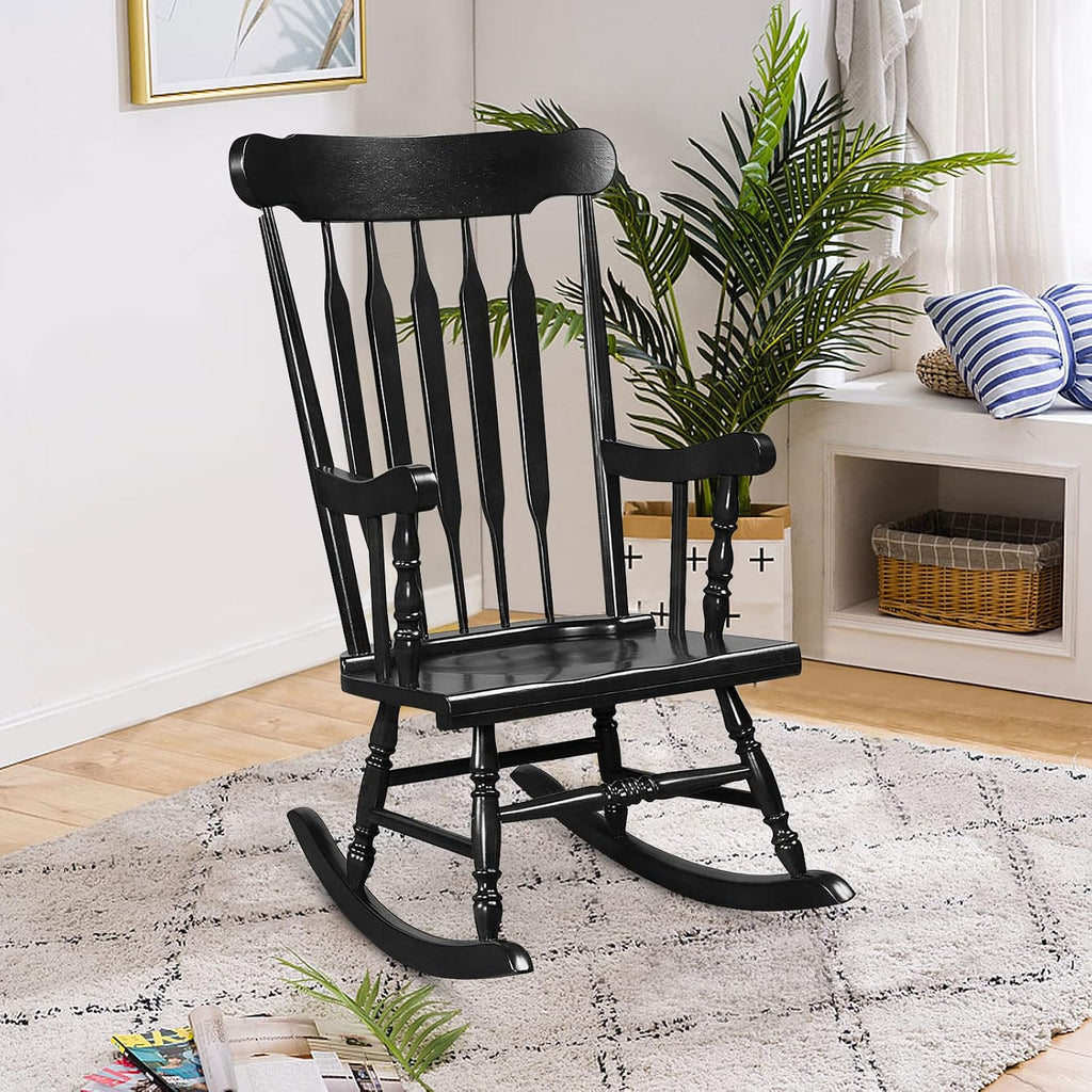 Tangkula Patio Rocking Chair Solid Rubber Wood, Outdoor Porch Rocker Chair with Rubber Wood Frame, Indoor Wooden Rocking Chair, Ideal for Garden, Backyard & Balcony (1, Black)