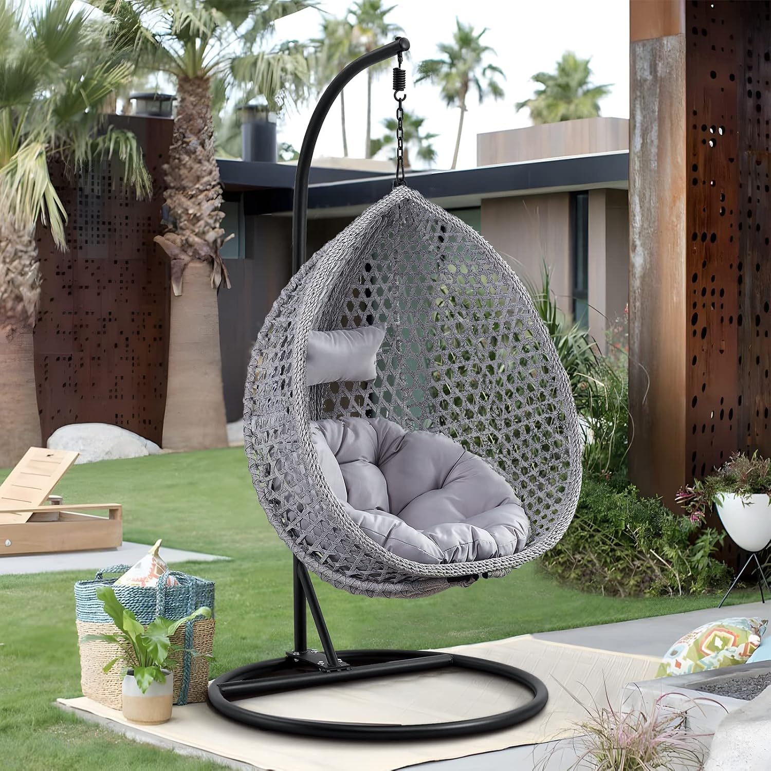 Hanging Egg Swing Chair with Stand, Rattan Wicker Hanging Egg Chair Hammock Indoor with Cushions, Swinging Chair for Bedroom Outdoor Patio Balcony Backyard Sunroom Heavy Duty 350LBS (Gray)