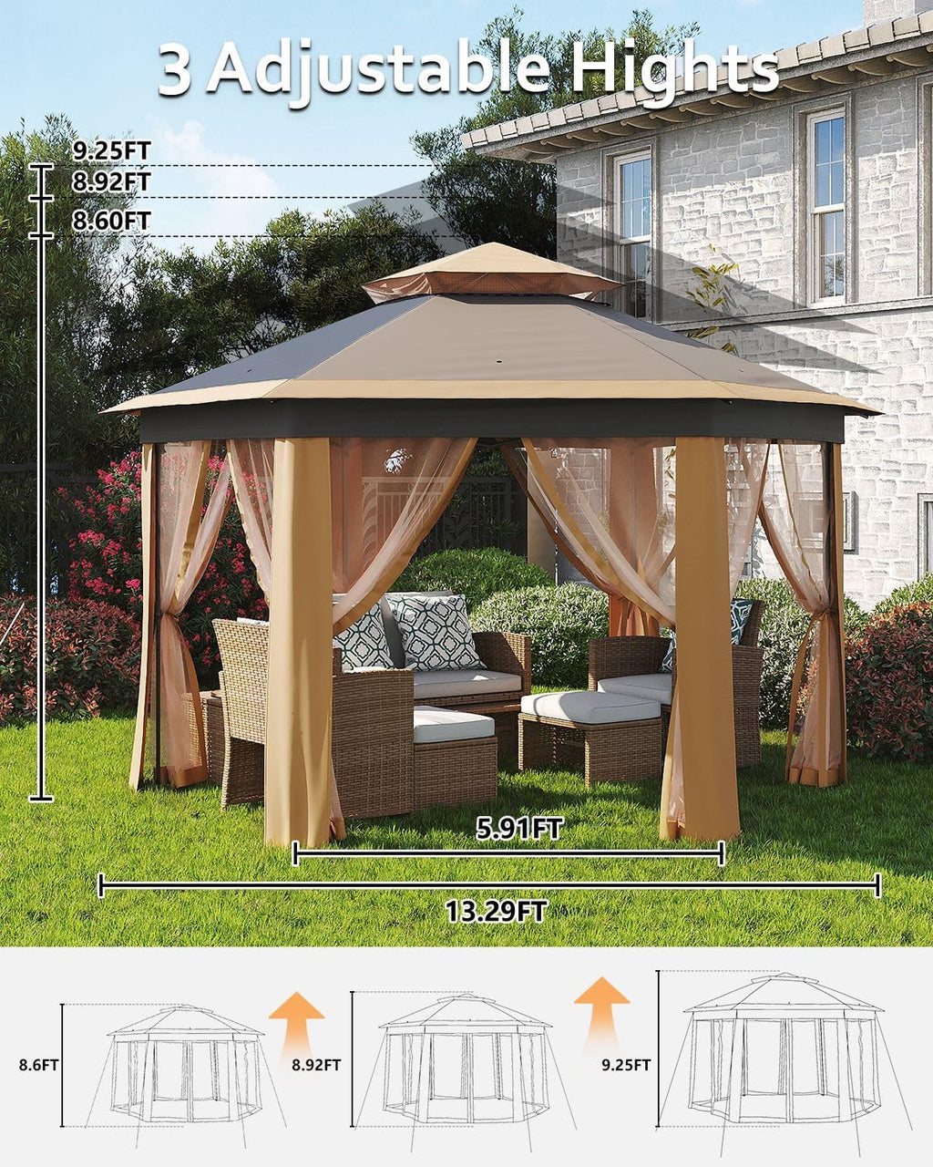Pop Up Gazebo 13x13, Outside Canopy Tent-6 Side with Mosquito Netting, One Push Setup for Backyard Patio Garden Activities-Khaki