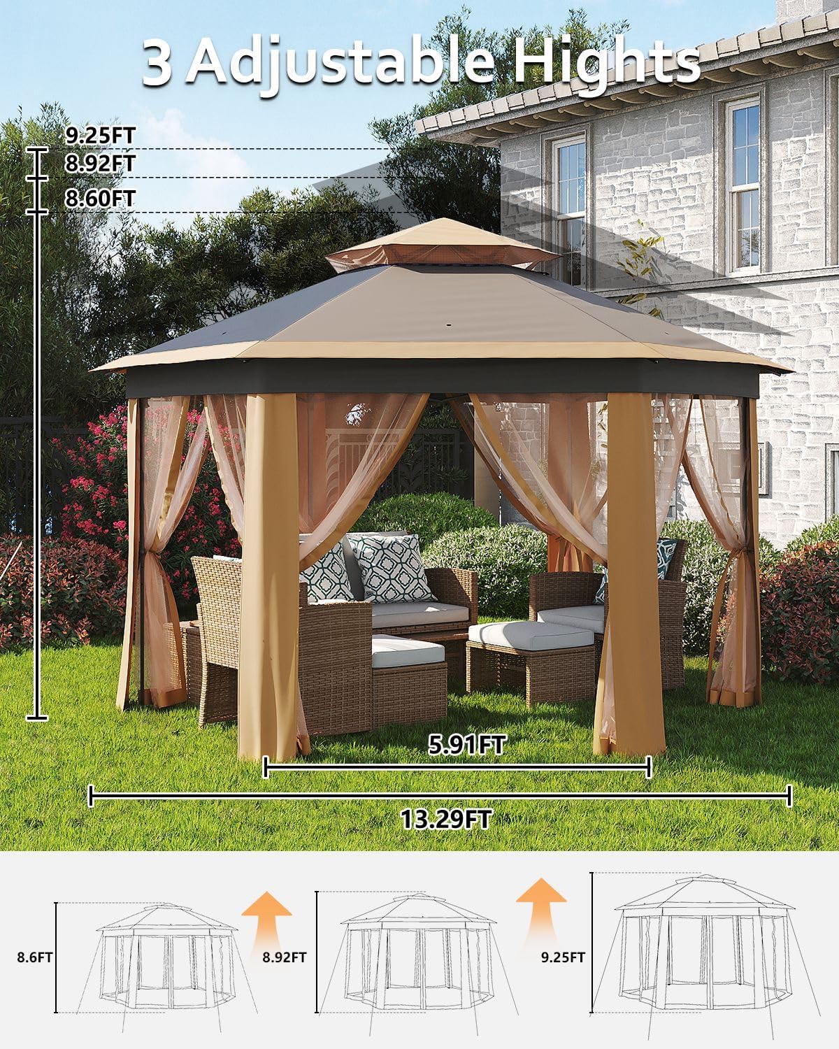 Pop Up Gazebo 13x13, Outside Canopy Tent-6 Side with Mosquito Netting, One Push Setup for Backyard Patio Garden Activities-Khaki