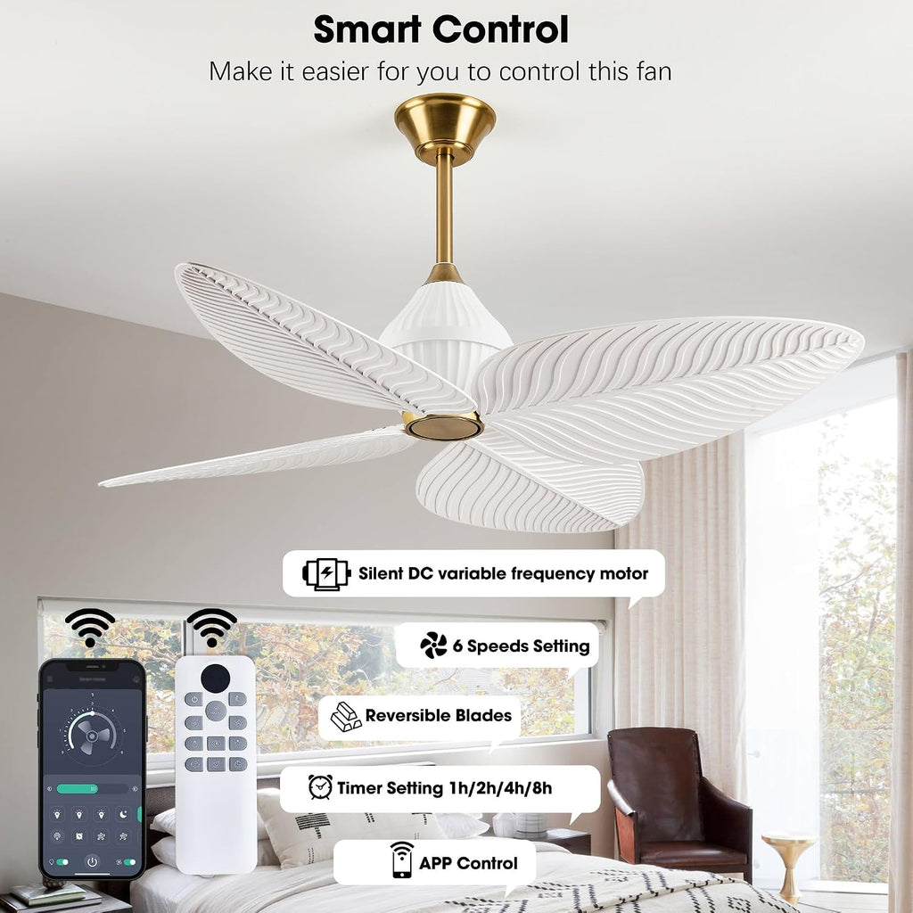 52' Tropical Ceiling Fans, Flush Mount Palm Leaf Ceiling Fan no Light, Indoor Ceiling Fans Without Light for Living Room Bedroom Kitchen Covered Gazebo, APP and Remote Control-White Gold