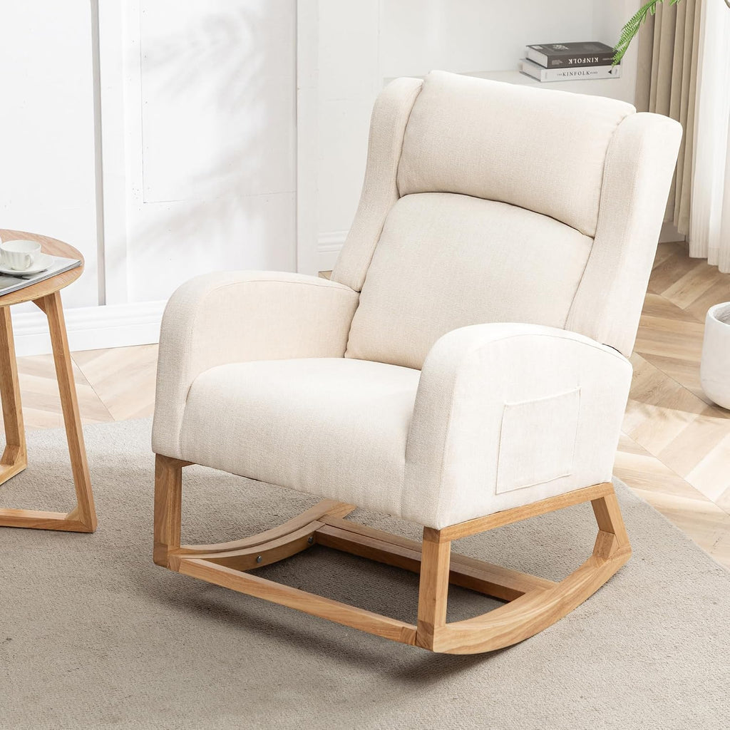 HCHAIRH Rocking Chair Nursery, Nursing Rocking Chairs for Mom Nursery, Comfy Wingback Glider Rocking Armchair with Foot Rest and Side Pocket for Nursery Living Room Bedroom, Beige