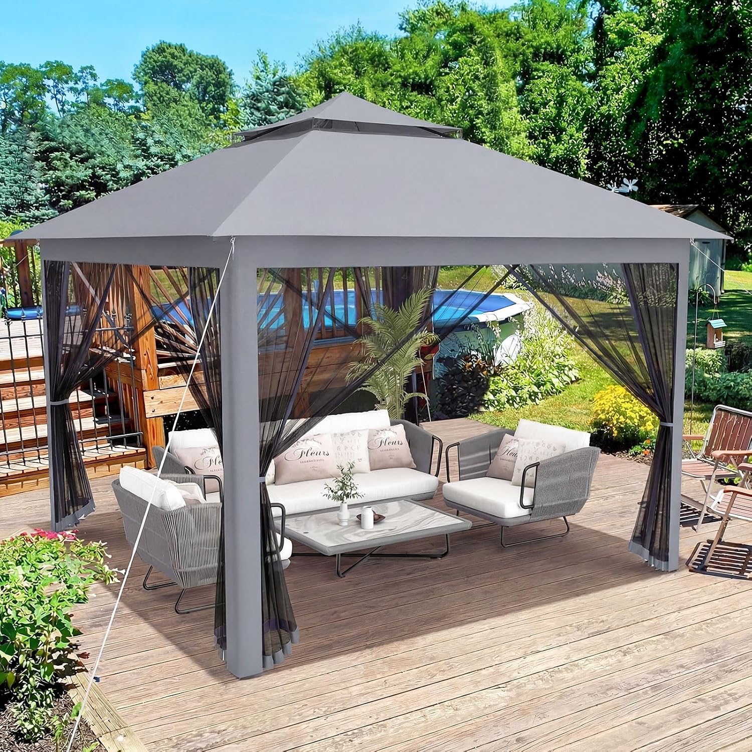 Tangkula 11x11 Ft Pop up Gazebo, 2-Tier Outdoor Patio Gazebo with Netting, Carry Bag, 121 Square Feet of Shade for Backyard, Deck, Poolside