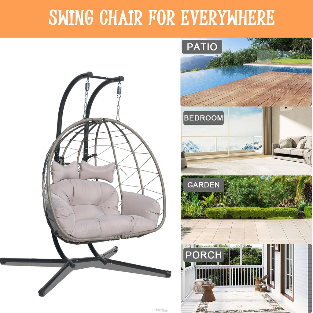 Double Egg Chair Outdoor, 2 Person Hanging Egg Chair with Stand, Patio Wicker Egg Swing Chair for Garden, Backyard, Balcony, 600Lbs Heavy Duty, Grey