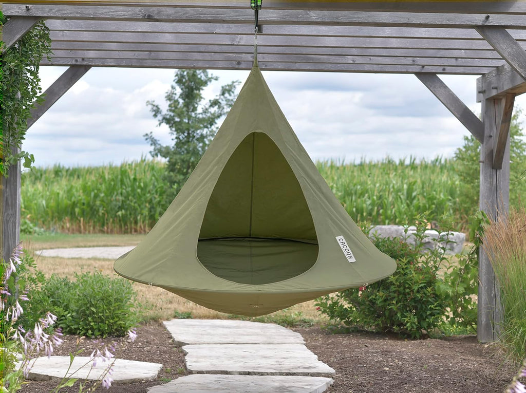 Double Cacoon Hanging Chair for Two – Cozy Indoor/Outdoor Hammock with Polyester Canvas, 440 lb Capacity, Includes 18ft Rope & Carabiner (Khaki)