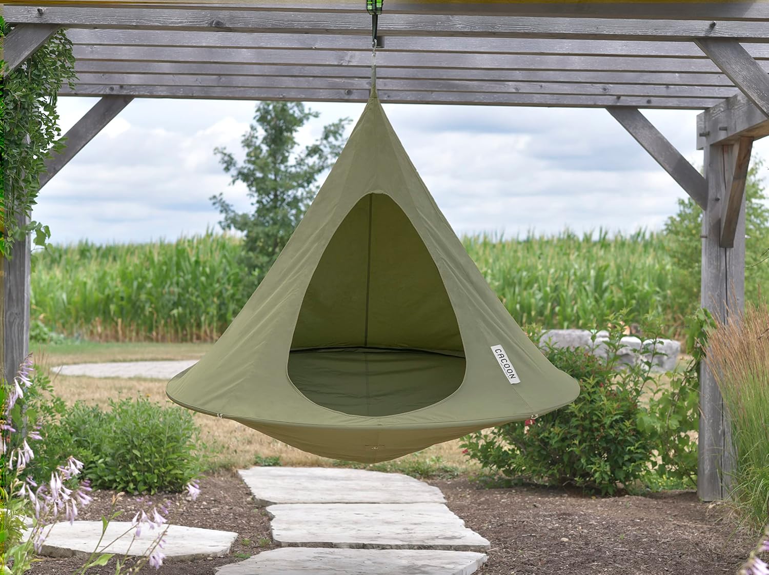 Double Cacoon Hanging Chair for Two – Cozy Indoor/Outdoor Hammock with Polyester Canvas, 440 lb Capacity, Includes 18ft Rope & Carabiner (Khaki)