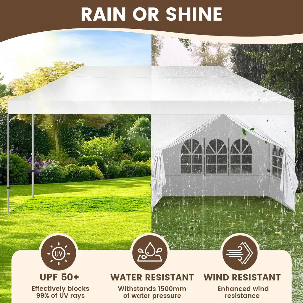 Kromax 10X20' Portable Pop Up Canopy Tent, Waterproof Foldable Outdoor Canopy,Heavy Duty Gazebo, Sidewalls, Steel Frame, Easy Set Up, White