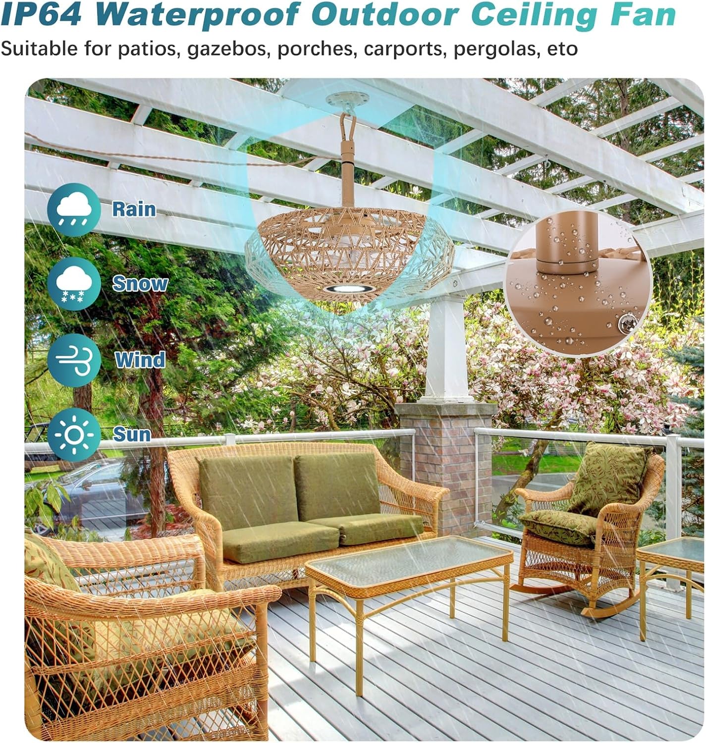 20'' Outdoor Gazebo Fan with Light, Outside/Indoor Hanging Rattan Ceiling Fan with Remote&APP Control, 3CCT Dimmable, 6-Speed DC Motor, Plug-in Wicker Woven Caged Ceiling Fans for Pergola Patio
