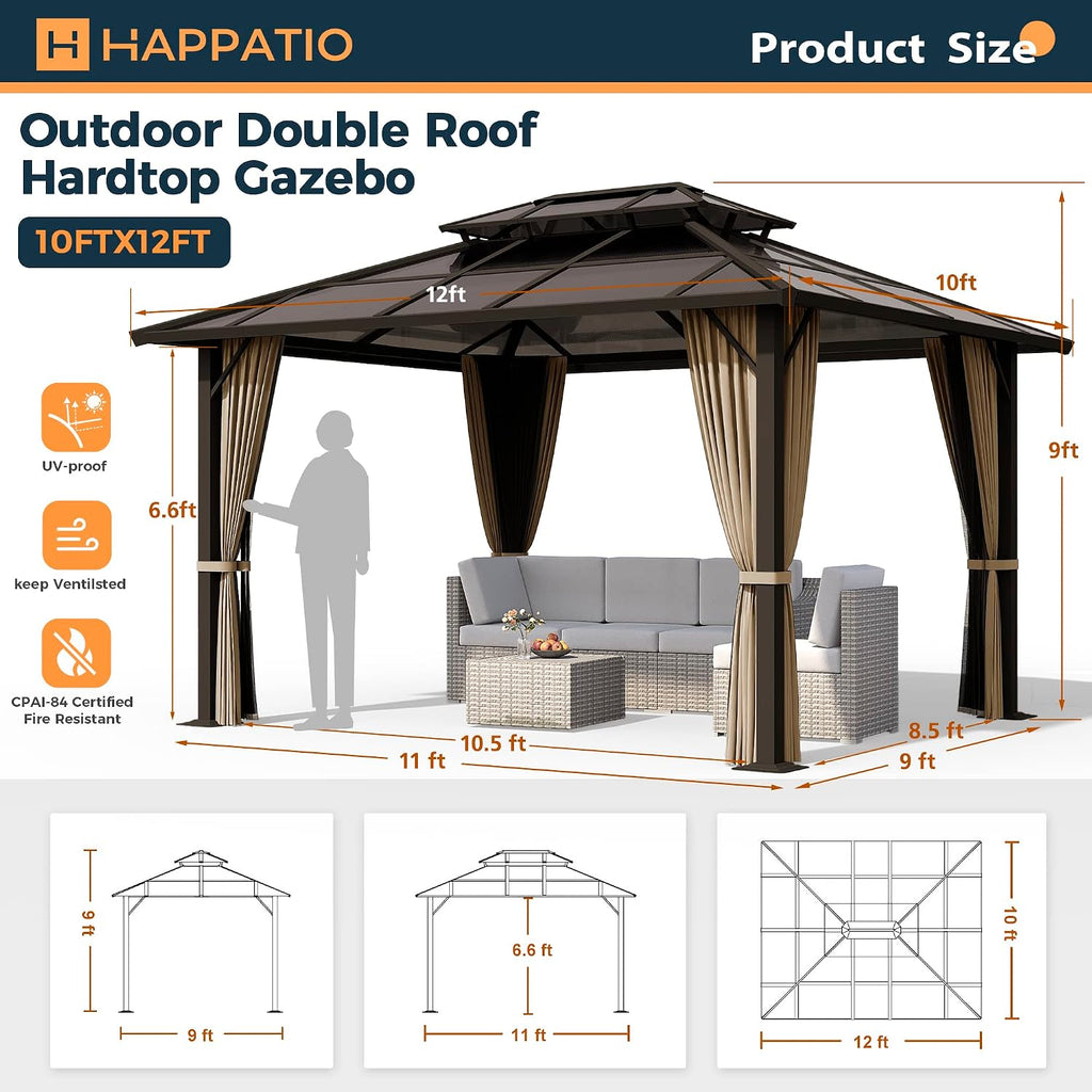 HAPPATIO Hardtop Gazebo, 10'x 12' Polycarbonate Double Roof Aluminum Furniture Gazebo, Outdoor Canopy with Netting and Curtains for Backyard, Patio, Parties, Lawns (Brown)