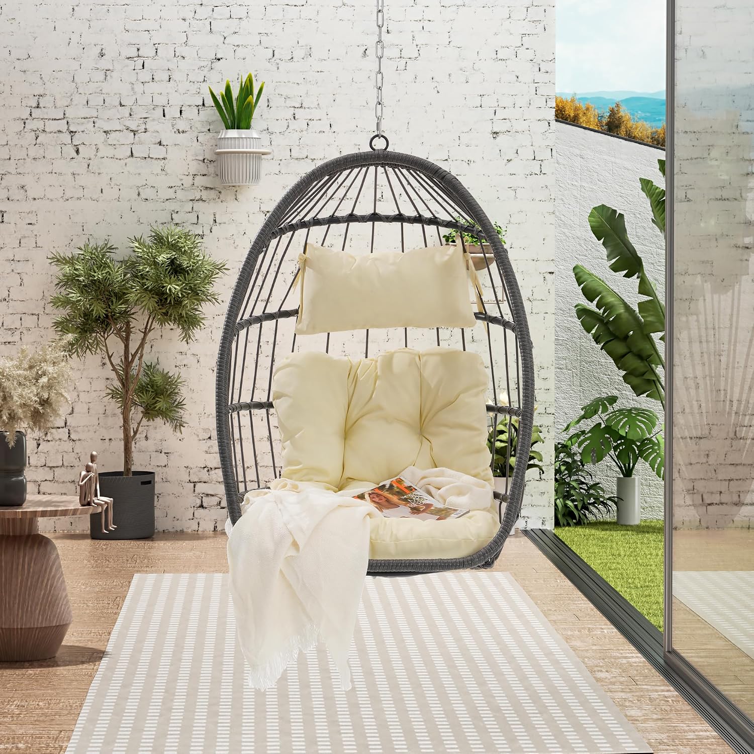 55.6' Outdoor Garden Rattan Egg Swing Chair,Patio UV Resistent PE Hanging Chairs with Cushion,Galvanized Steel Frame,Load: 360lbs,All Weather Foldable Hammock for Bedroom,Porch,Khaki+Yellow