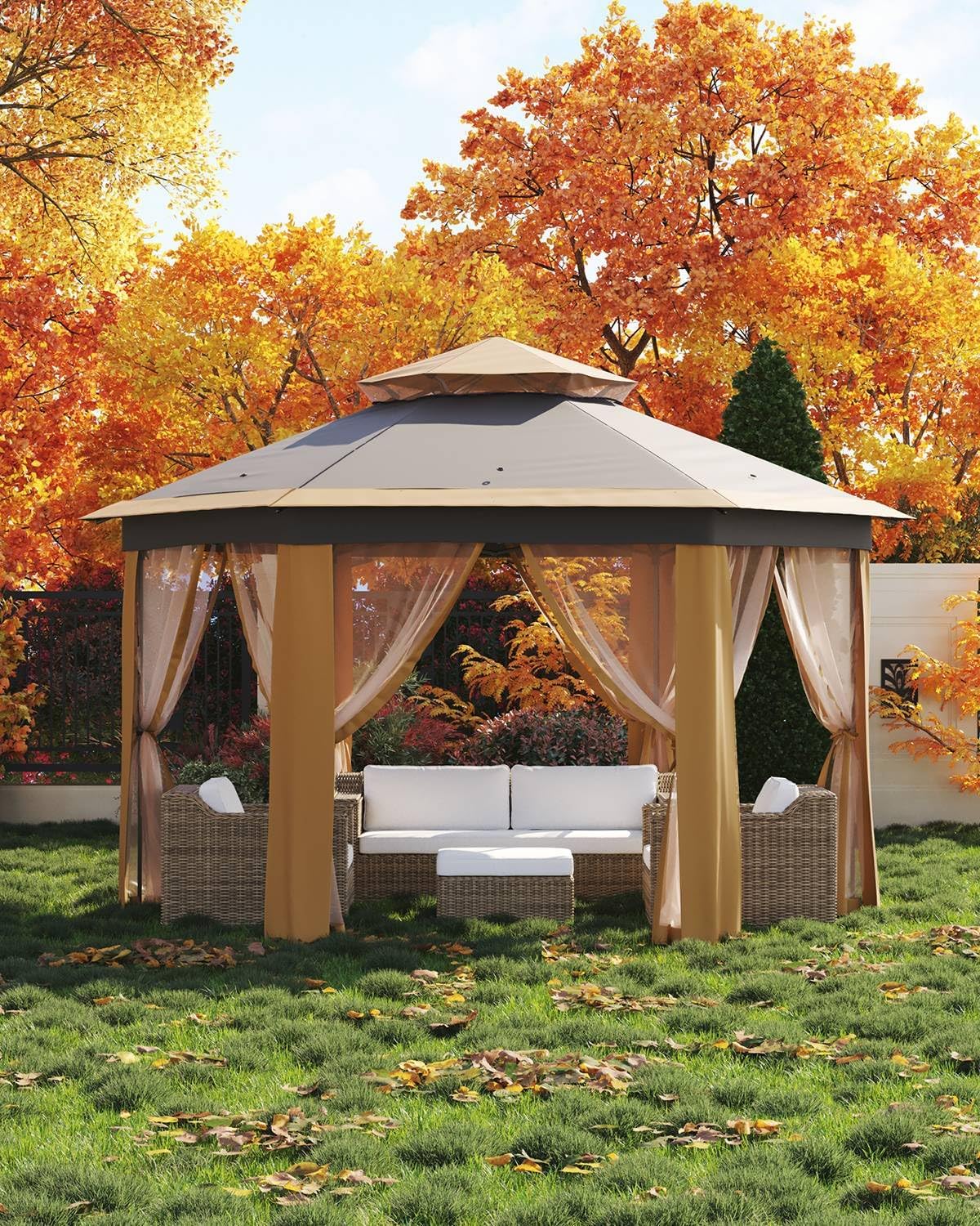 Pop Up Gazebo 13x13, Outside Canopy Tent-6 Side with Mosquito Netting, One Push Setup for Backyard Patio Garden Activities-Khaki