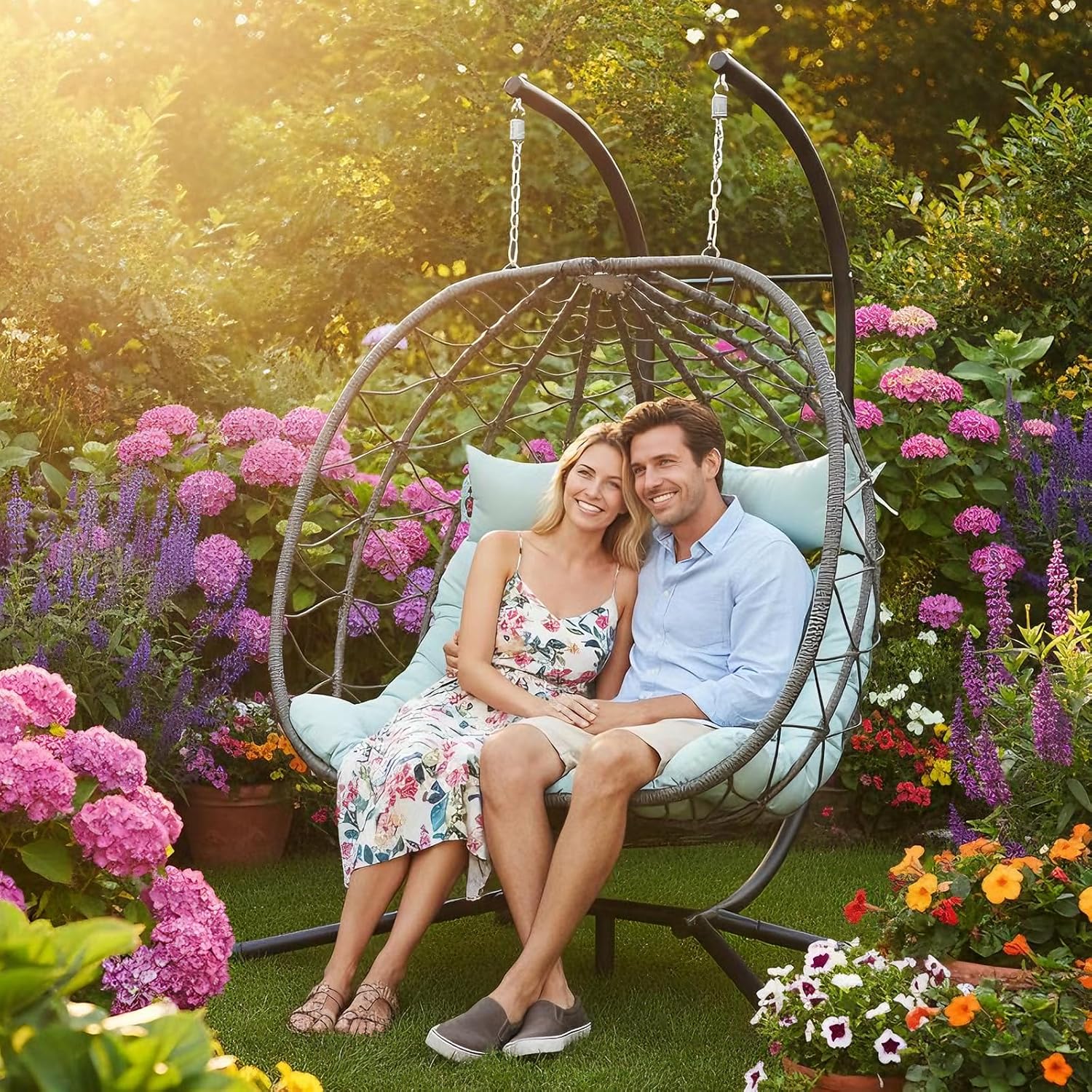 Double Egg Chair with Stand, Indoor Outdoor Loveseat Hammock Swing Chair,Wicker Chair with Foldable Basket & Thick UV-Resistant Cushions, 700 LBS Capacity for Patio, Bedroom, Garden,Cyan