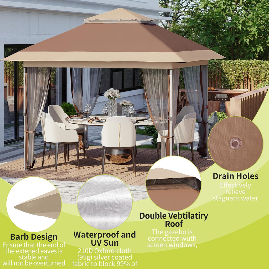 GarveeLife 10x10 Canopy Tent, Pop Up Gazebo Tent with Mosquito Netting, Outdoor Canopy with 4 Sandbags & Wheeled Bag & Height Adjustable, Pop Up Gazebo for Patio Garden Backyard Lawn Deck