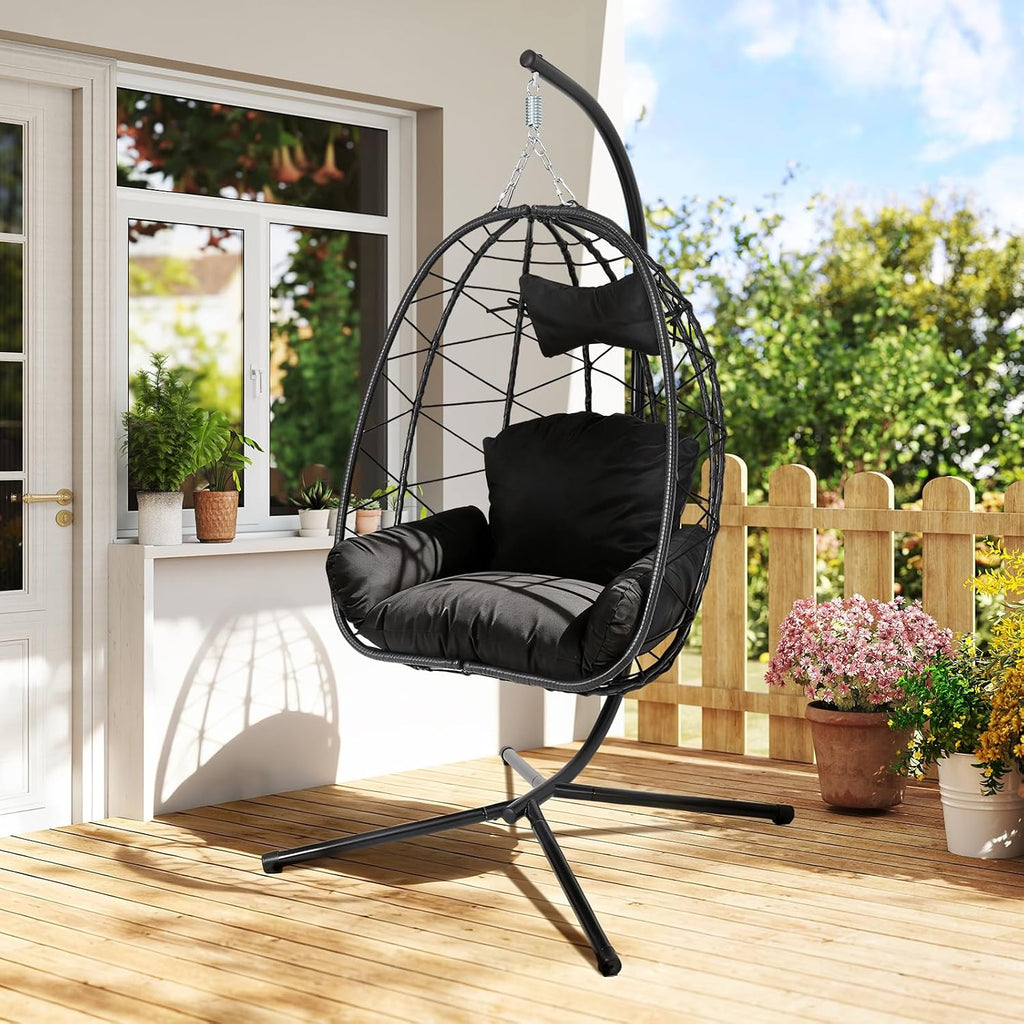 Egg Chair with Stand, Wicker Hanging Chair for Outdoor Patio, Cushioned Hammock Swing for Bedroom Garden Indoor/Outdoor, Double-Zipper Structure Hanging Egg Chair (Black and Black)