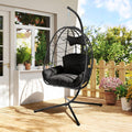 Egg Chair with Stand, Wicker Hanging Chair for Outdoor Patio, Cushioned Hammock Swing for Bedroom Garden Indoor/Outdoor, Double-Zipper Structure Hanging Egg Chair (Black and Black)