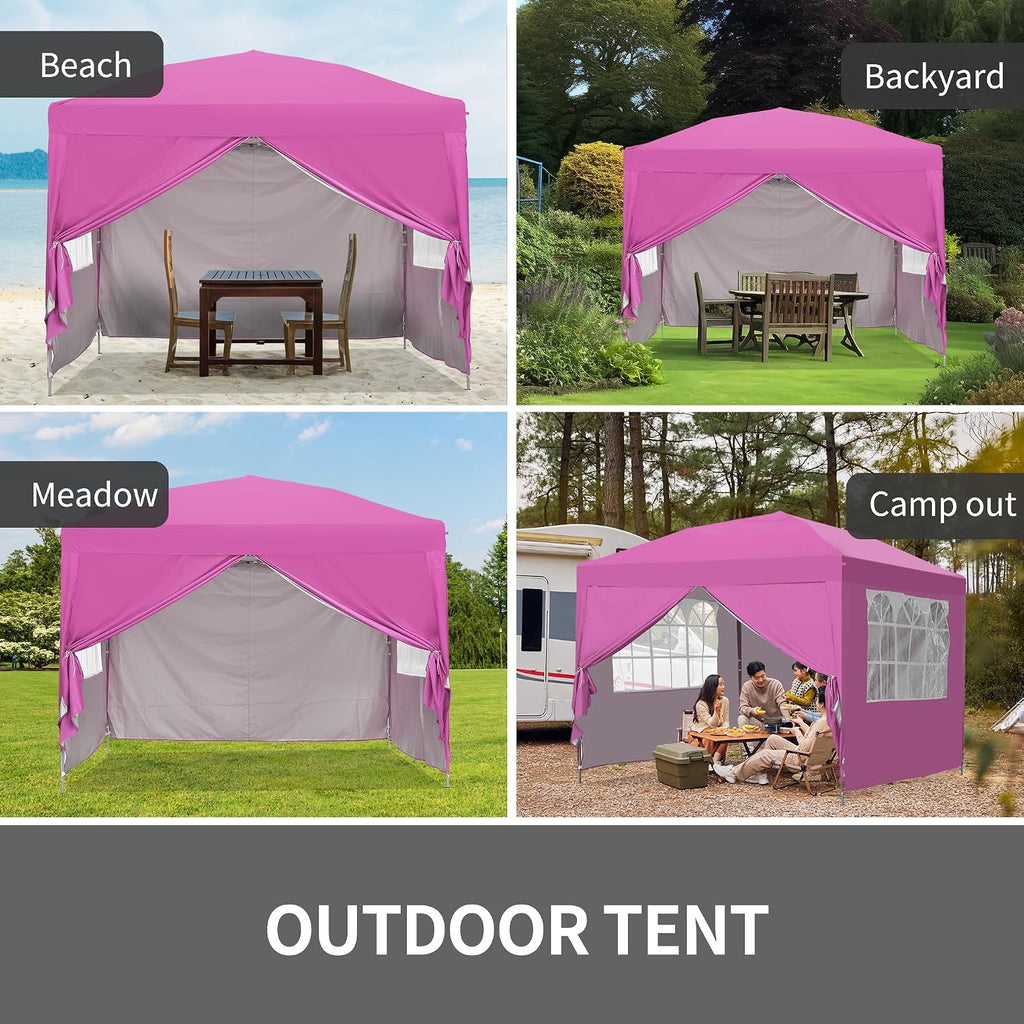 GDY Pop Up Canopy Tent, Outdoor Gazebos, 10 x 10 Canopy with 4 Sidewalls, Easy Set up, for Events, Parties, Camping, Garden, Pink.