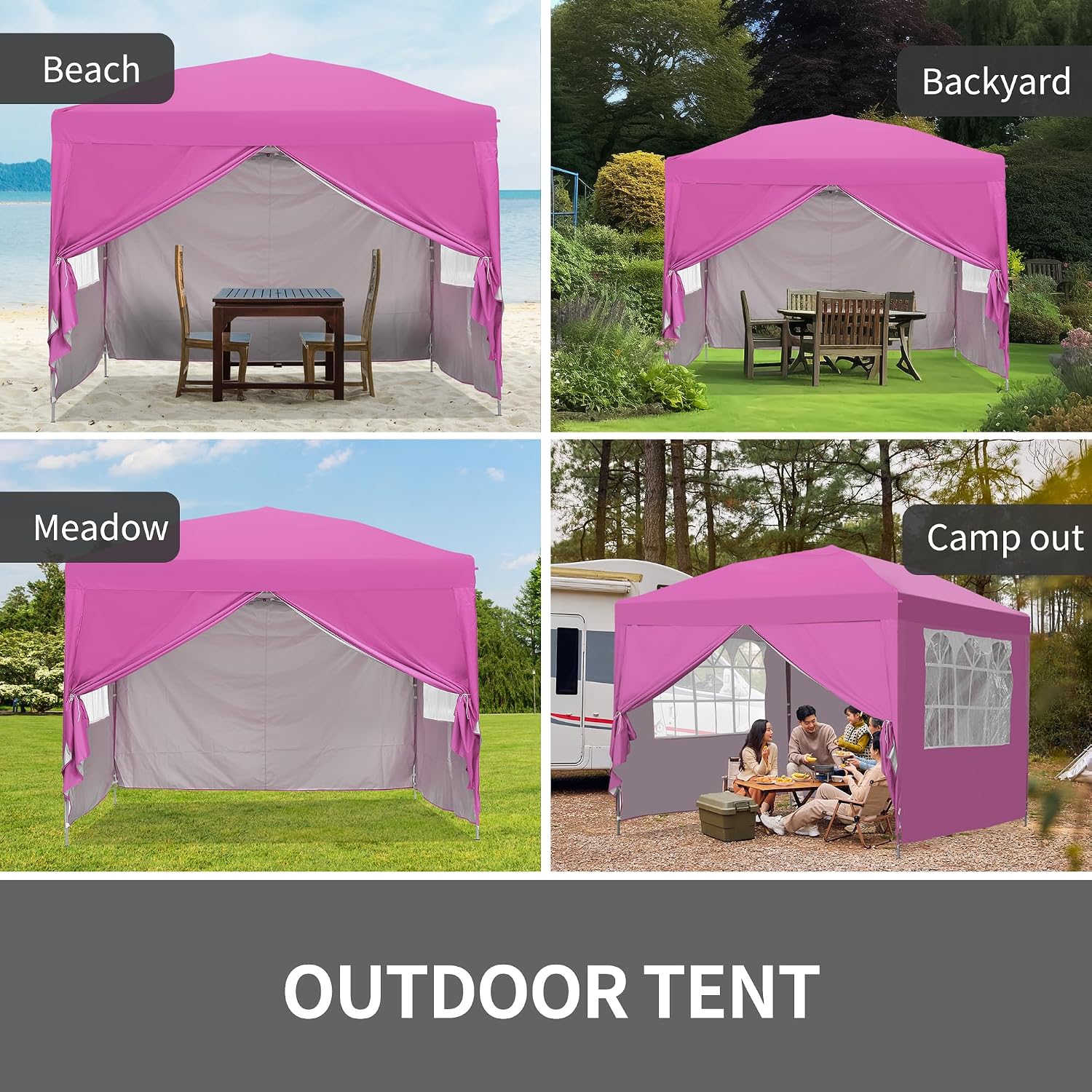 GDY Pop Up Canopy Tent, Outdoor Gazebos, 10 x 10 Canopy with 4 Sidewalls, Easy Set up, for Events, Parties, Camping, Garden, Pink.