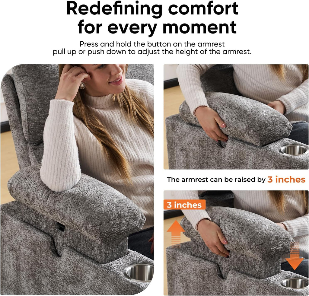 Swivel Rocker Recliner with Adjustable Armrests, Rocking Nursery Chair with Adjustable Headrest, Cup Holder, Manual Recliner Nursing Chair for Breastfeeding, Chenille Dark Grey