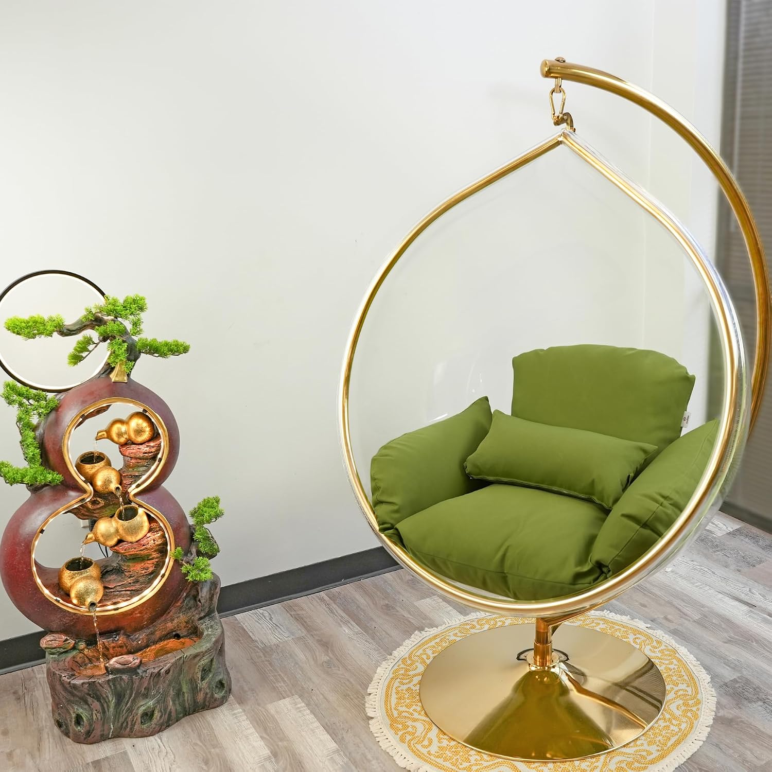 Hanging Chair - Transparent Acrylic Bubble, Waterdrop Shape, Indoor Swing Chair with Gold/Chrome Stand, Durable Fabric Cushion - Luxury Accent for Living Room, Bedroom (Gold/Green)