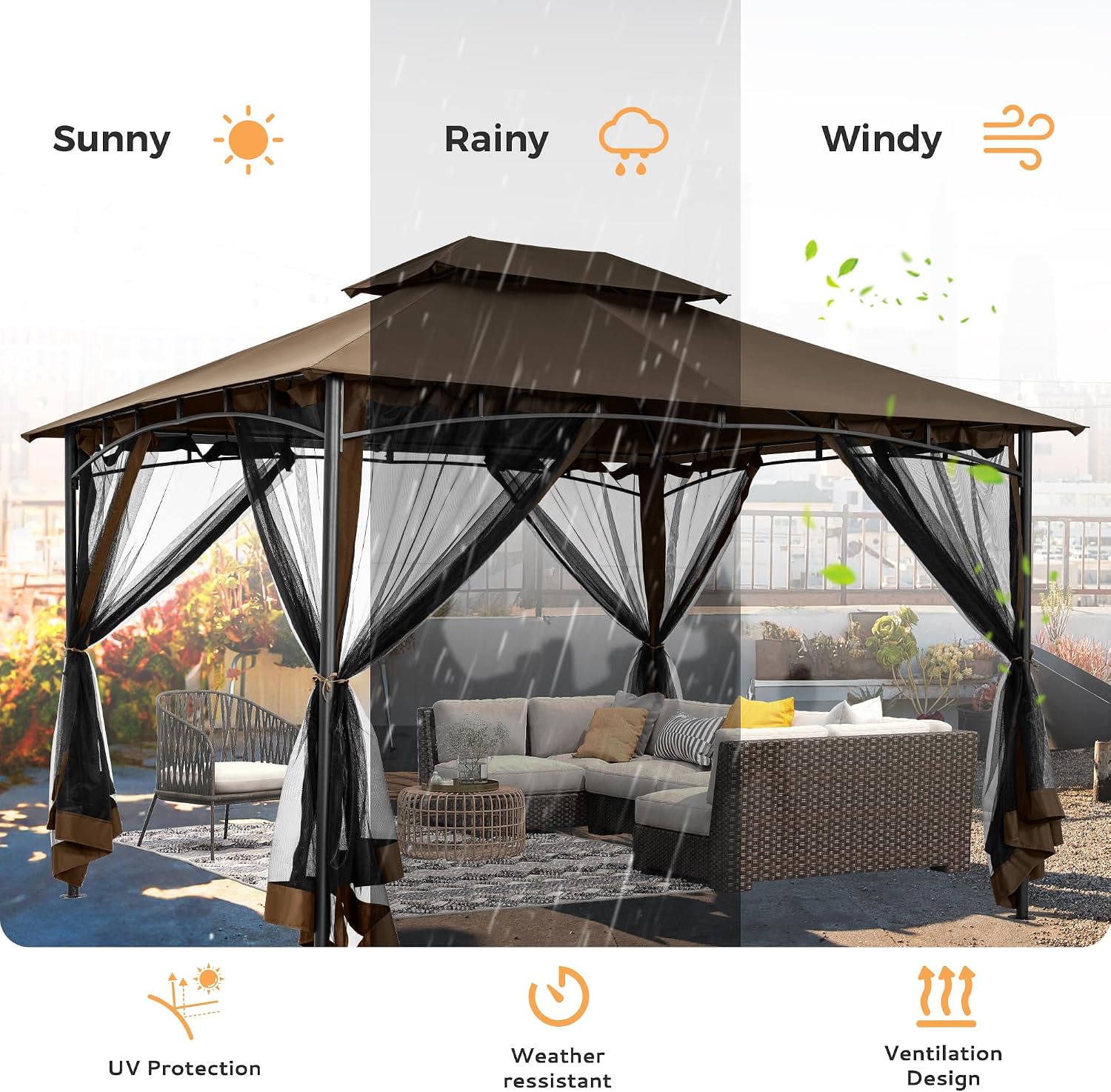 HAPPATIO Patio Gazebo 10' X 12', Ventilated Double Roof & Mosquito Netting, Outdoor Gazebo with Metal Frame, Soft Top Canopy for Backyard, Deck, Poolside, Brown
