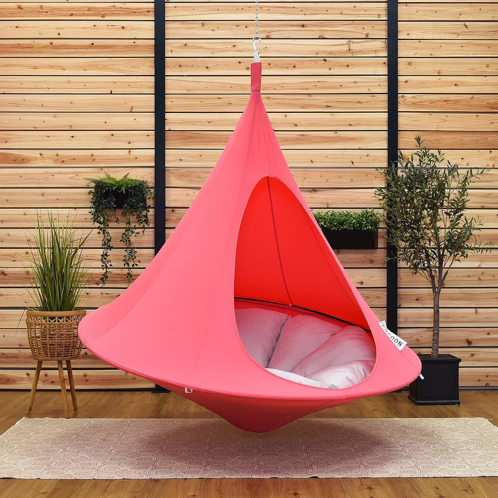Double Cacoon Hanging Chair for Two – Cozy Indoor/Outdoor Hammock with Polyester Canvas, 440 lb Capacity, Includes 18ft Rope & Carabiner (Coral Rose)