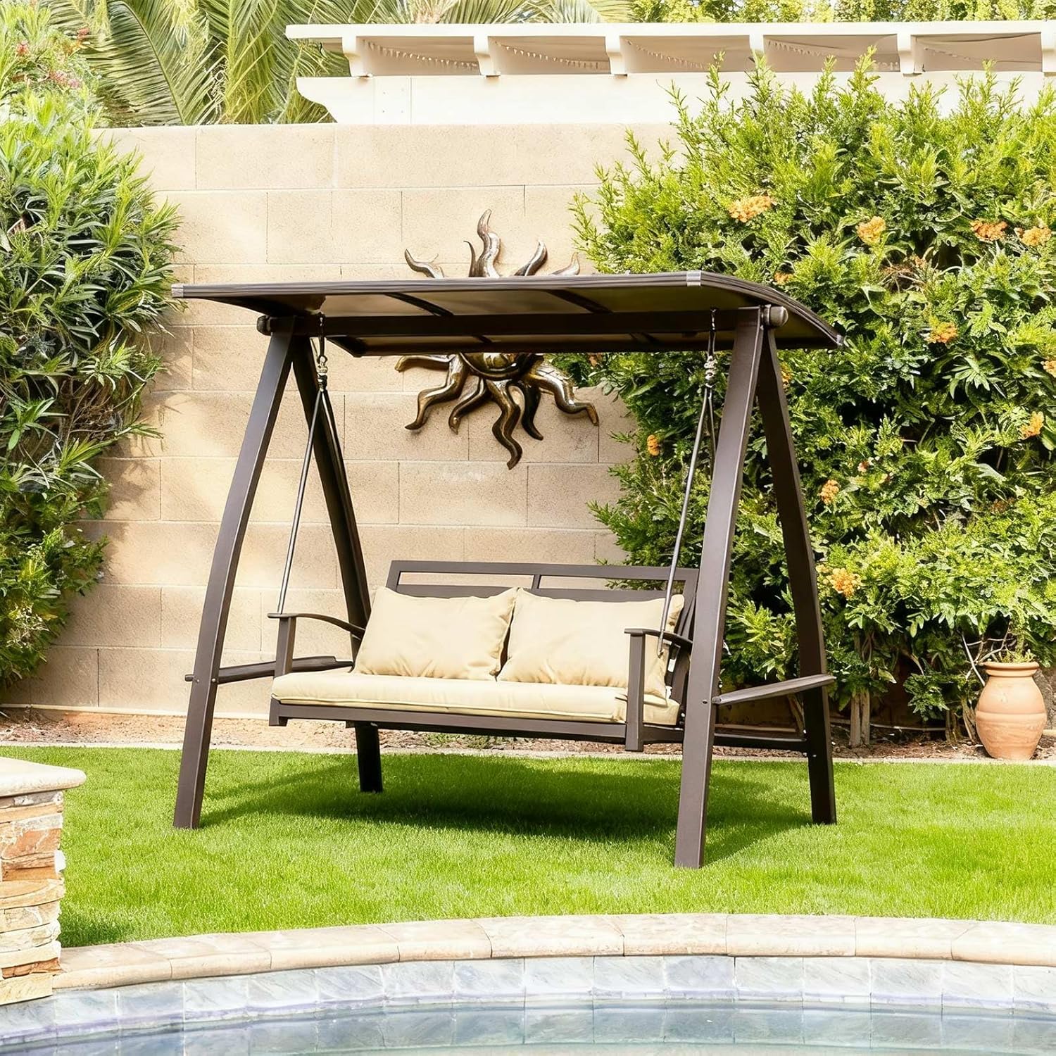 PURPLE LEAF 2-Seat Porch Swing with Adjustable PVC Canopy Metal Patio Bench Glider Swing Bed Outdoor Swing Chair with Stand and Side Cup Holder for Outside Garden Porch, Cushion and Pillows Included