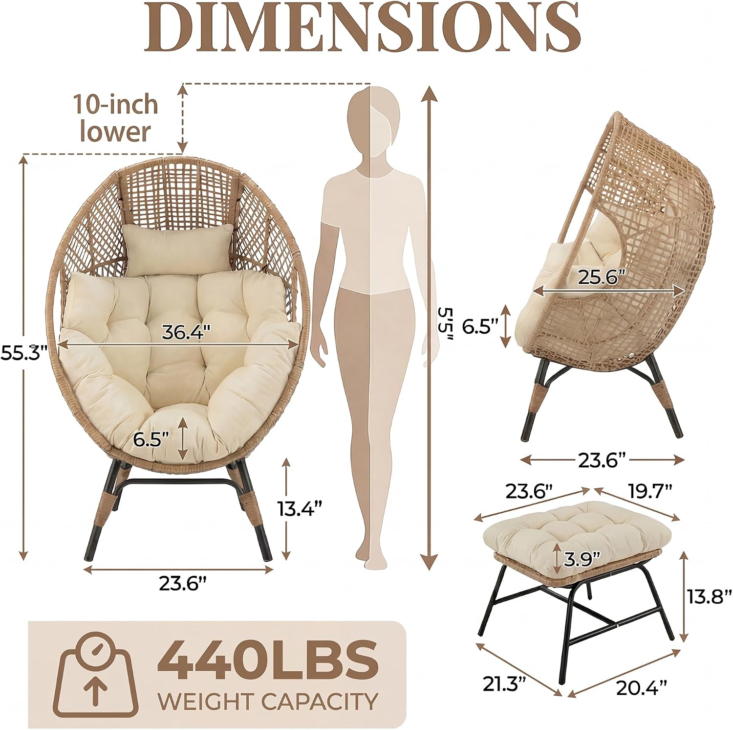 NICESOUL 2 Person Oversized Indoor Outdoor Egg Chair with Ottoman, Wicker Patio Deep Egg Seat with Beige Thick Cushion & Foot Rest, Large Stationary Lounge Chair for Balcony Bedroom, 2 Sets w/Cover