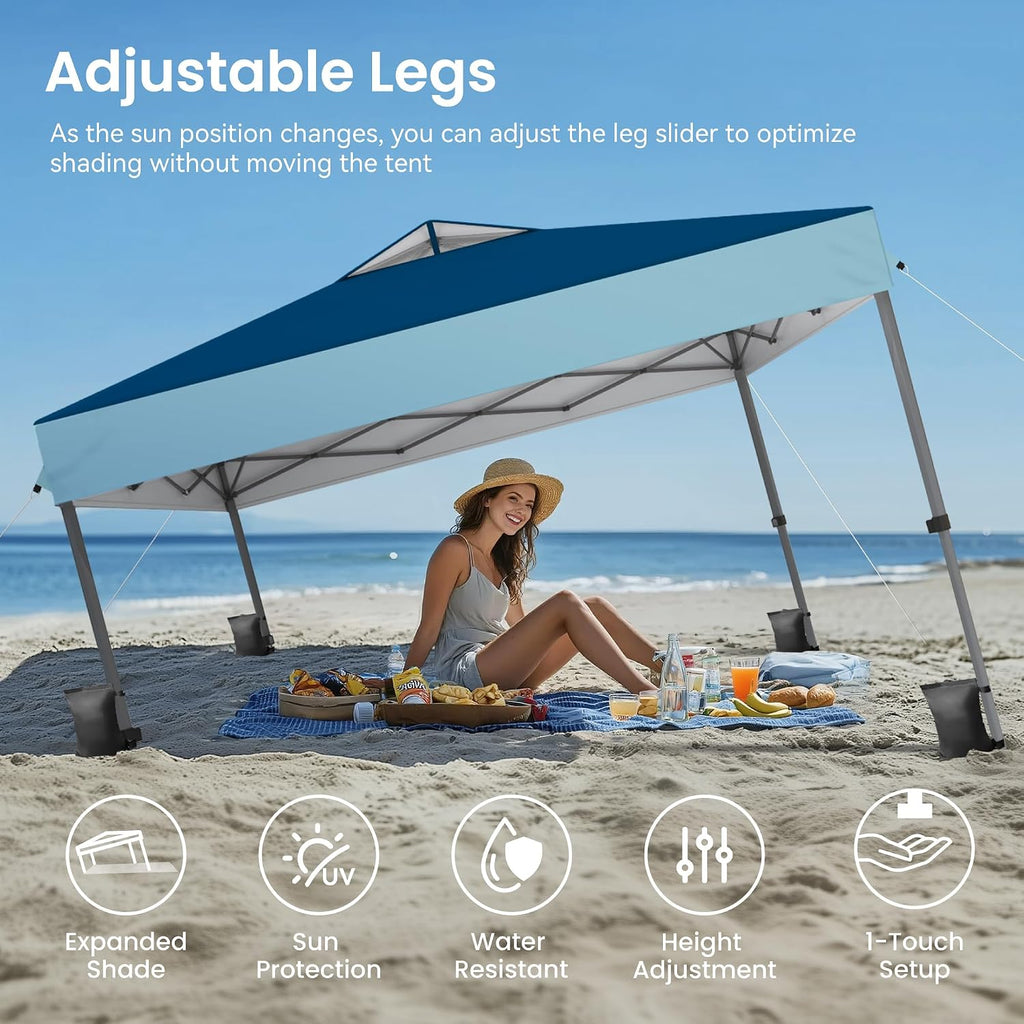 PHI VILLA 10x10ft 1-Person Setup Pop Up Canopy Tent Instant Portable Shelter w/ 1-Button Push, Case, 4 Weight Bags - Dark & Light Blue
