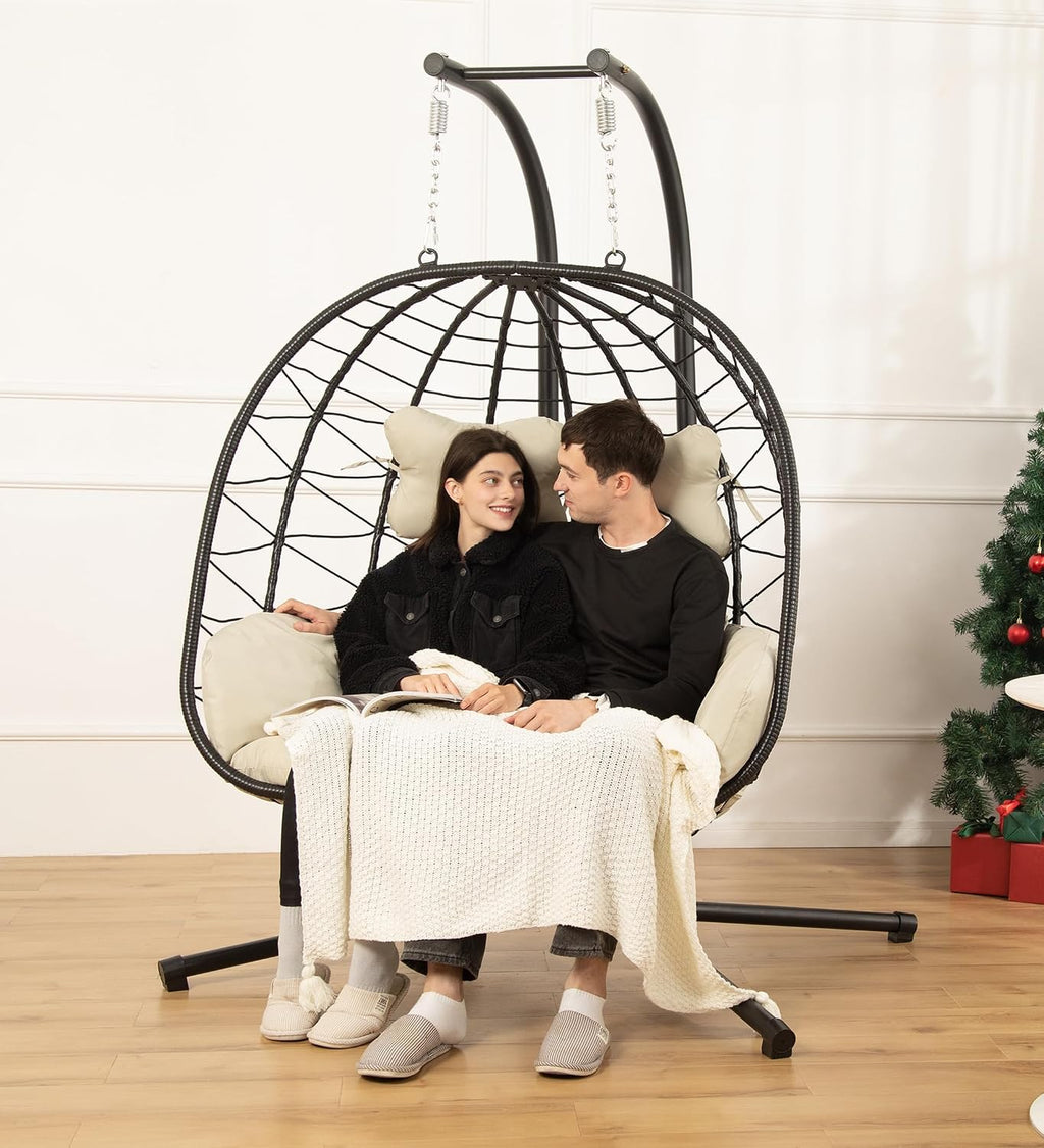 Double Egg Chair with Stand Hammock Swing Chair Foldable Hanging Loveseat, UV Resistant Removable Cushions, 700LBS Capacity for Bedroom, Balcony, Garden(BK-BE)