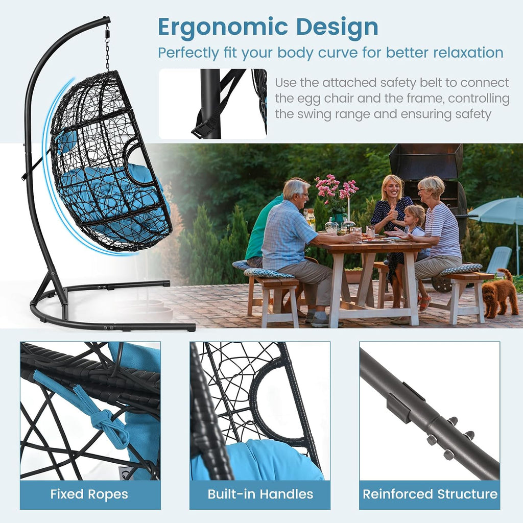 Tangkula Egg Chair with Stand, Hanging Egg Swing Chair with Removable Seat Cushion & Headrest, All-Weather Indoor Outdoor Hanging PE Wicker Egg Chairs for Outside, Balcony, Bedroom (Turquoise)