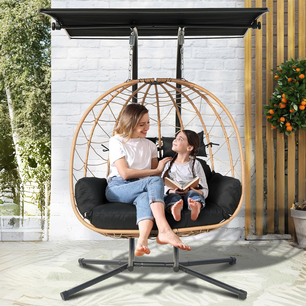 Double Egg Swing Chair With Stand & Adjustable Canopy, Outdoor Indoor Hanging Egg Chair, Handwoven Pe Rattan Loveseat With Uv-Resistant Cushions, 680Lbs Capacity For Patio, Garden, Balcony (Black)
