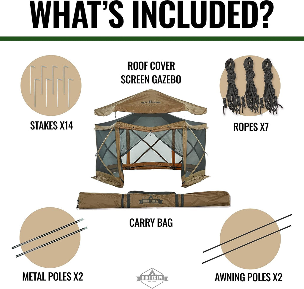 Hike Crew 13' x 13' Screened Roof Pop-Up Gazebo Screen Tent | 6-Sided Outdoor Canopy Shelter w/Roof Cover, Built-in Zippered Panels, Built-in Awning, Stakes, Ropes & Carry Bag | UV Resistant SPF 50+