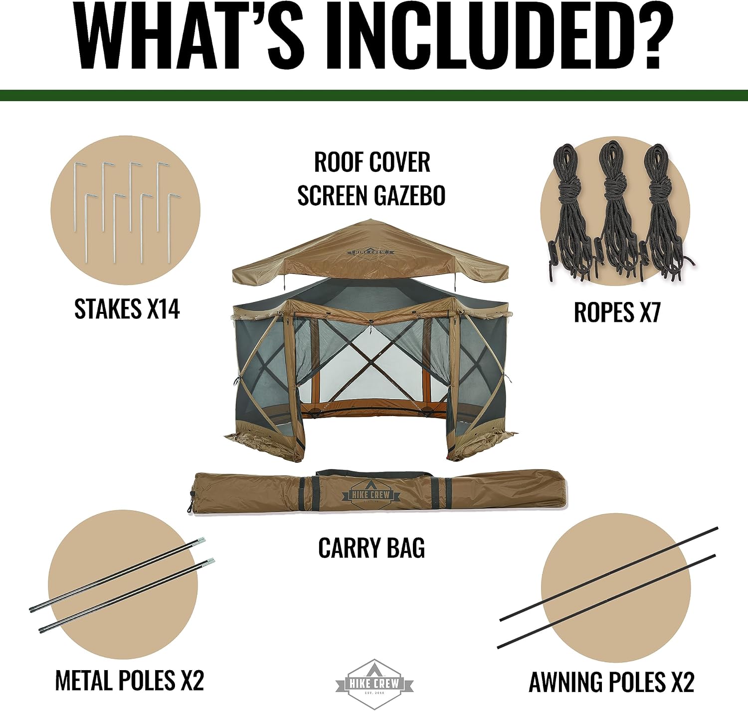 Hike Crew 13' x 13' Screened Roof Pop-Up Gazebo Screen Tent | 6-Sided Outdoor Canopy Shelter w/Roof Cover, Built-in Zippered Panels, Built-in Awning, Stakes, Ropes & Carry Bag | UV Resistant SPF 50+