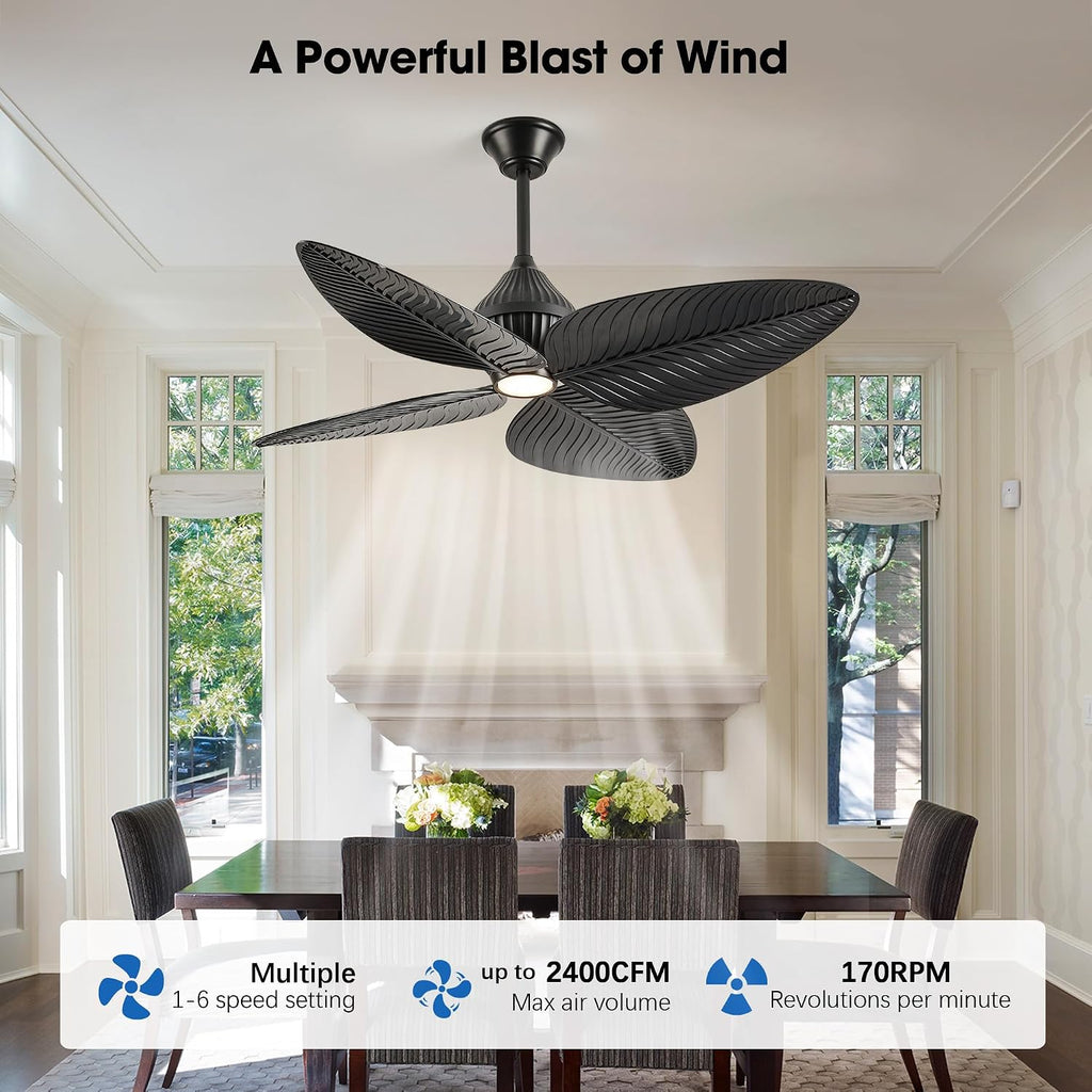 52' Tropical Ceiling Fans with Lights, Indoor Palm Leaf Ceiling Fan with Light and Remote for Living Room Bedroom, ABS Blades, Dimmable LED Lights, 6 Speeds, Adjustable Height-Black