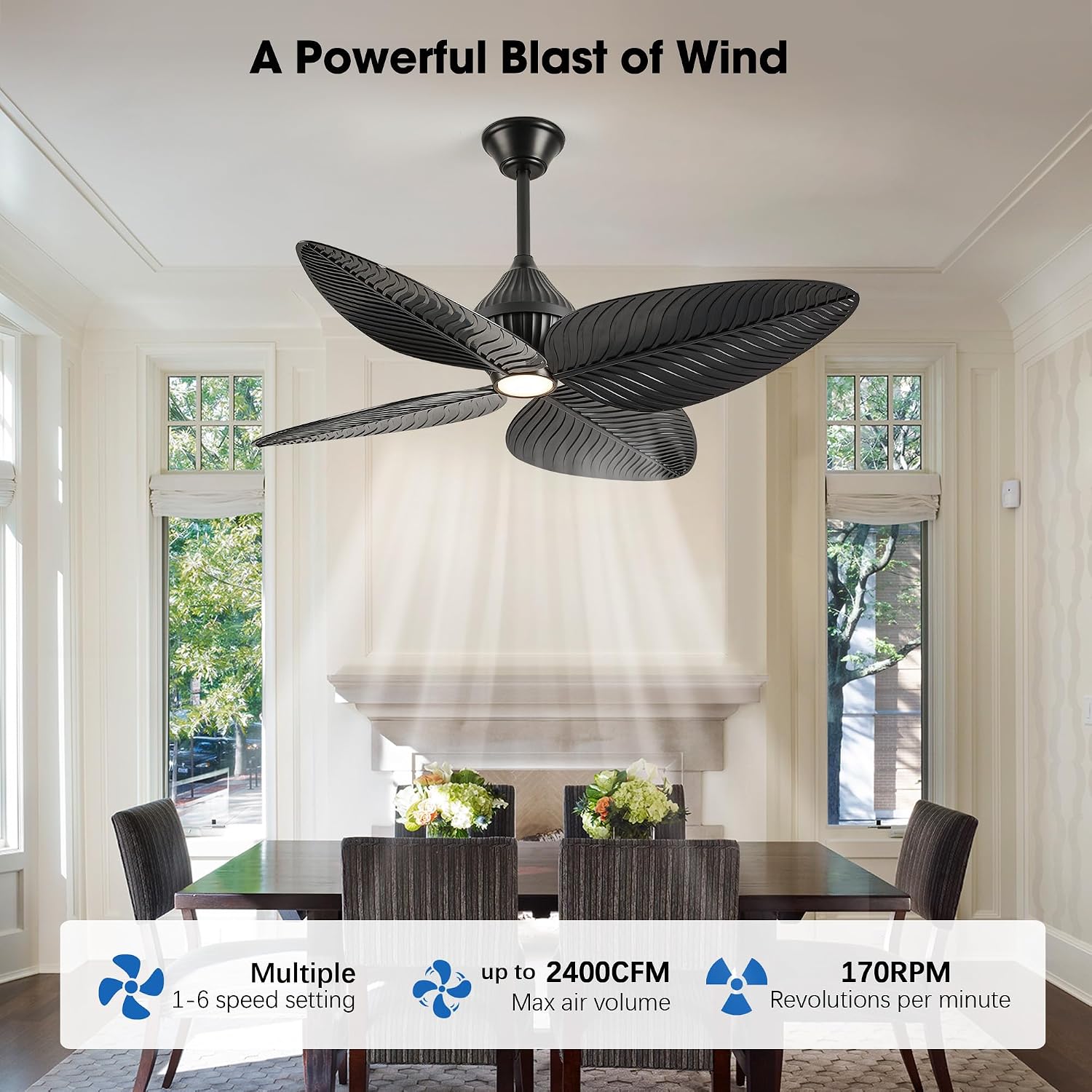 52' Tropical Ceiling Fans with Lights, Indoor Palm Leaf Ceiling Fan with Light and Remote for Living Room Bedroom, ABS Blades, Dimmable LED Lights, 6 Speeds, Adjustable Height-Black