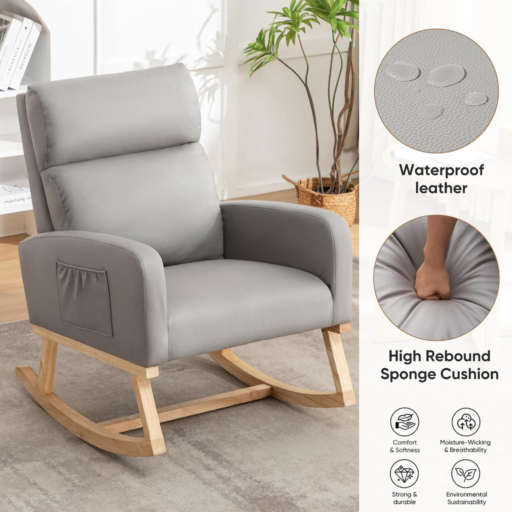 HCHAIRH Rocking Chair Nursery, Leather Nursing Rocking Chairs, Upholstered Nursery Glider Rocker for Mom Nursery Morden Accent Rocking Chair with Side Pocket for Living Room,Bedroom, PU Grey