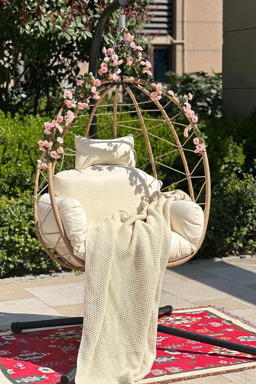 Hanging Egg Chair with Stand and Leg Rest Outdoor Indoor Swing Rattan Wicker with UV Resistant Cushions Gift for Kid Mom Girlfriend use for Bedroom Patio Balcony Nest Chair