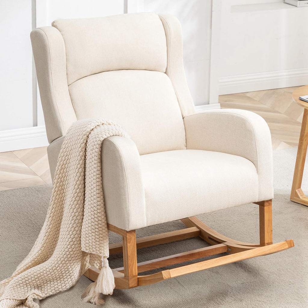 HCHAIRH Rocking Chair Nursery, Nursing Rocking Chairs for Mom Nursery, Comfy Wingback Glider Rocking Armchair with Foot Rest and Side Pocket for Nursery Living Room Bedroom, Beige